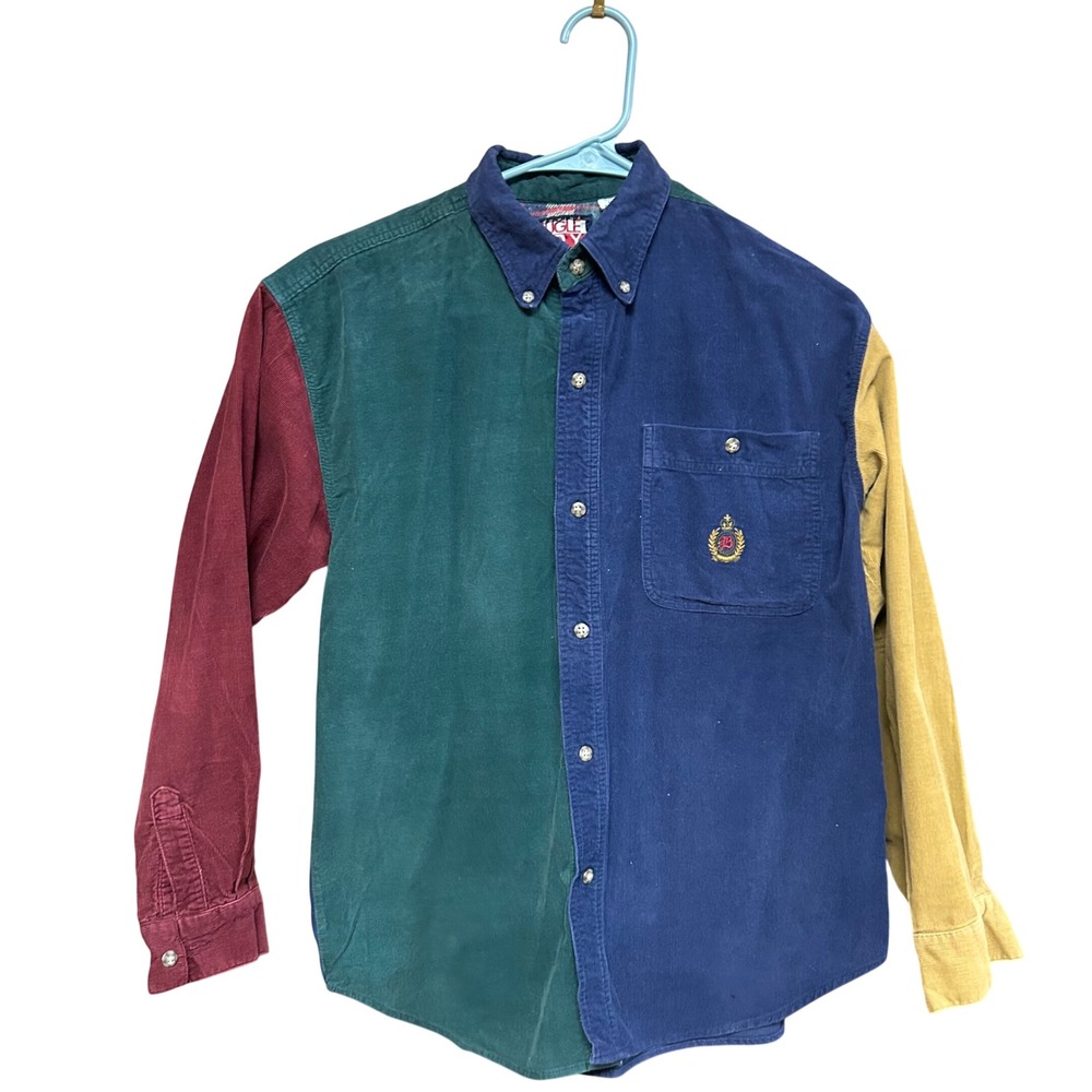 Bugle Boy Corduroy Shirt Boys Large 16-18 Multicolor Colorblock Vintage 90s Logo